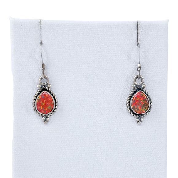 Estate Sterling Silver 925 Teardrop Orange Opal Dangle Earrings - Picture 3 of 7